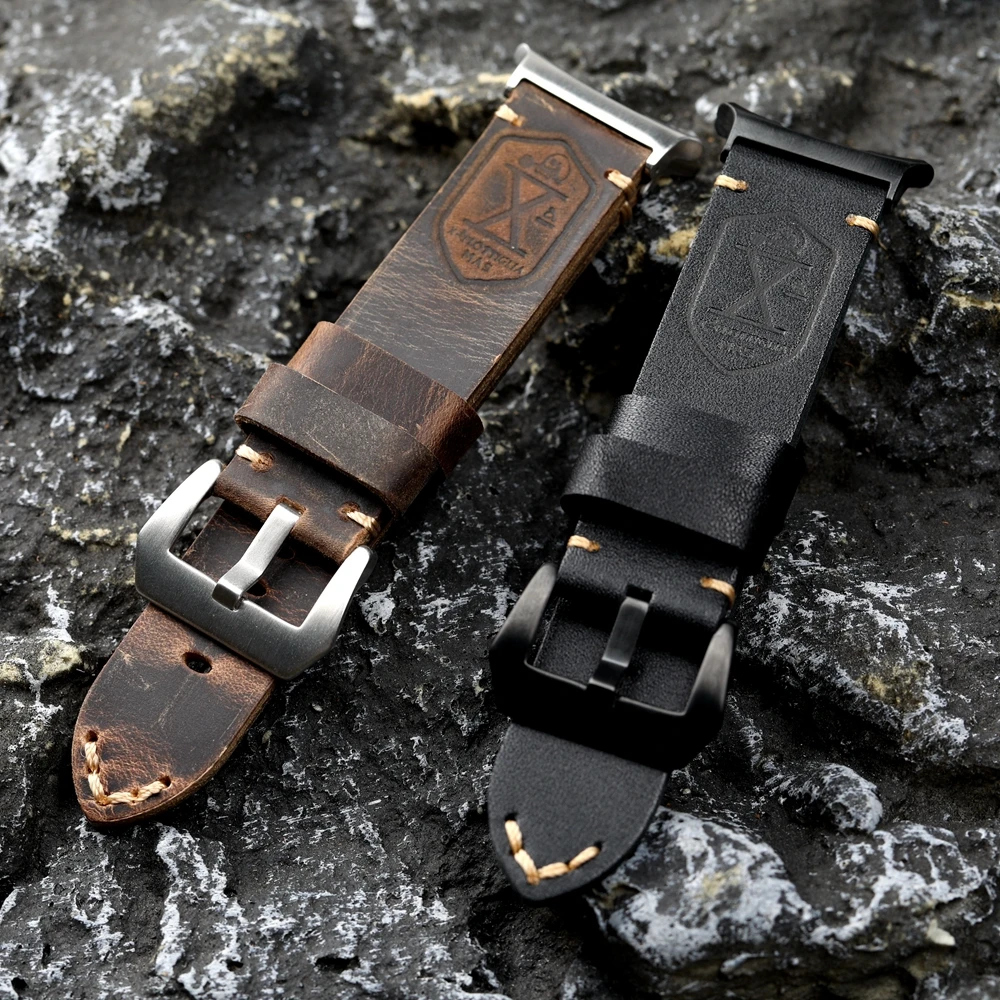 Hochwertiges Rindslederarmband mit Oberschicht, kompatibel mit Samsung Watch 6 47 mm Ultra2, dickes Leder, braun-schwarzes Retro-Uhrenarmband