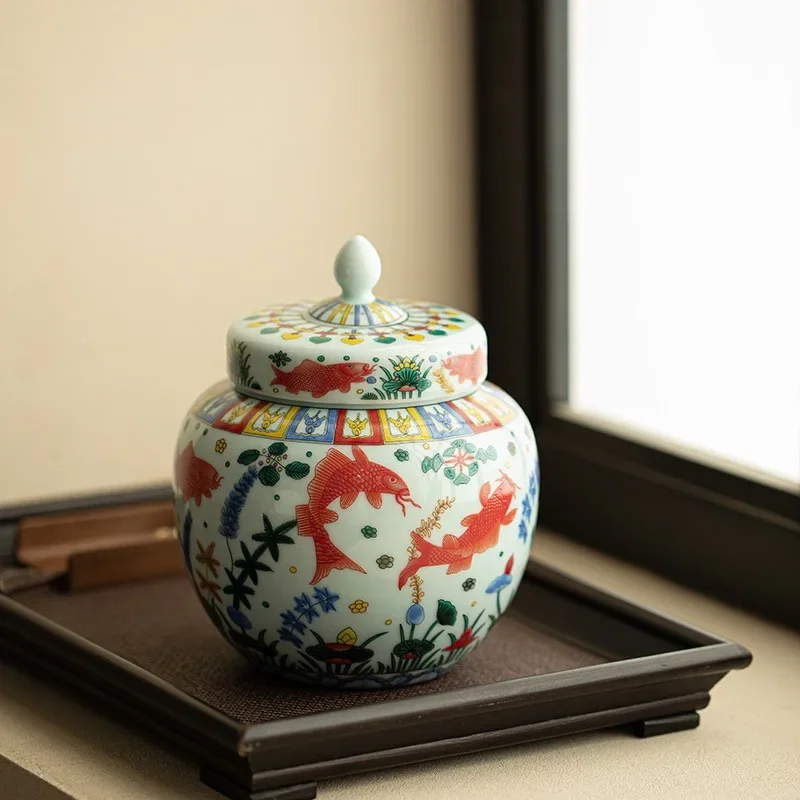 1PC Jingdezhen Fish and Algae Pattern Enamel Color Tea Pot Moisture-proof Sealed Ceramic Jar Apple Shape Ceramic TeaSet Ornament