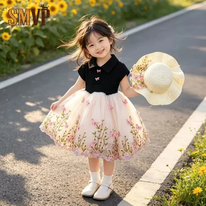 

2026 New Girls' Floral Butterfly Tulle Dress with Matching Sun Hat Sleeveless Princess Gown for Summer Birthdays Photoshoots