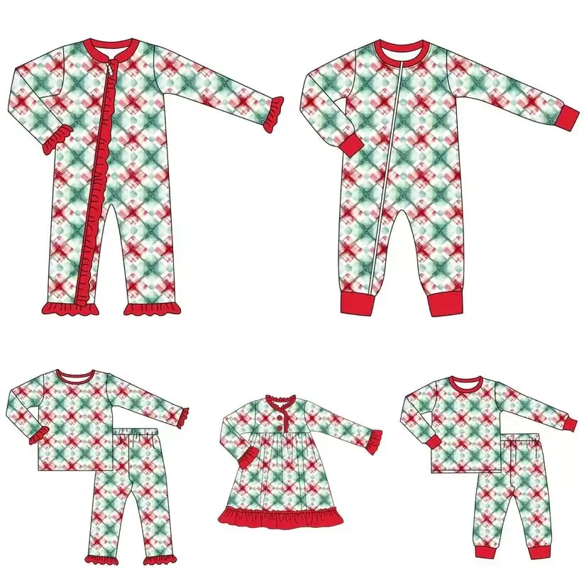 

Children's boutique autumn clothing wholesale red and green pattern printed boys and girls pajamas set one-piece girls long-slee