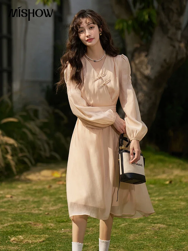 MISHOW French Elegant Dress for Women Spring/Summer A-LINE Puff Sleeve V-Neck Long Sleeve Female Fashion Dresses MXC13L1265