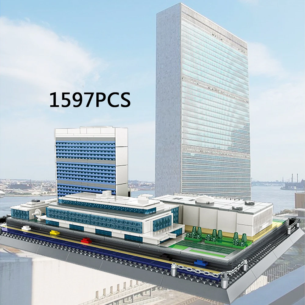 Architettura moderna creativa Quartier generale delle Nazioni Unite Set di modelli di blocchi Collezione di giocattoli in mattoni da costruzione per regalo