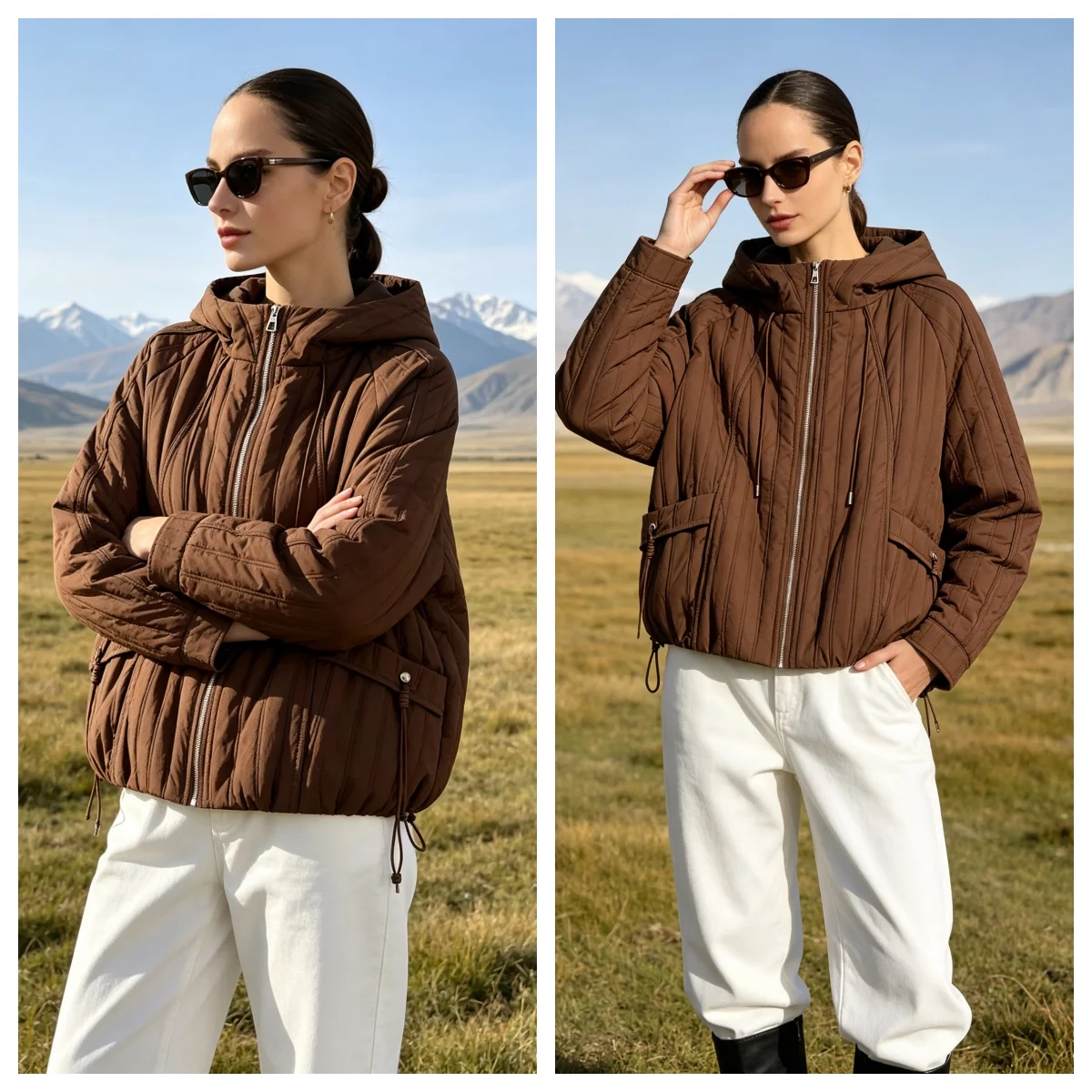 Women's clothing, European and American style, fashionable imported fabric striped woven double line hooded cotton jacket