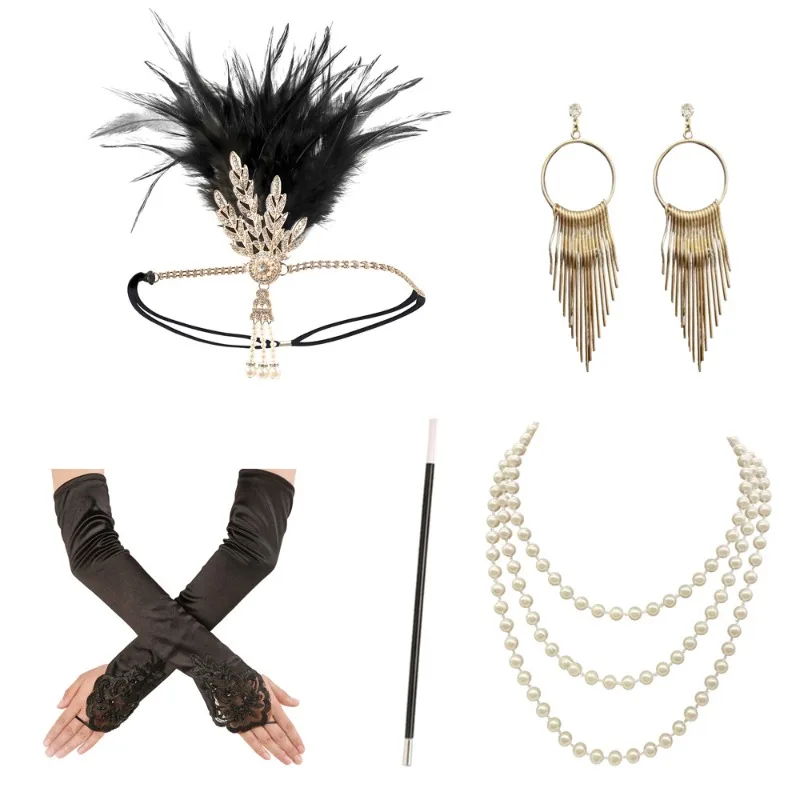 Elegant Women's Party Set - Feather Headpiece Pearl Necklace Gloves Gatsby Flapper Accessories