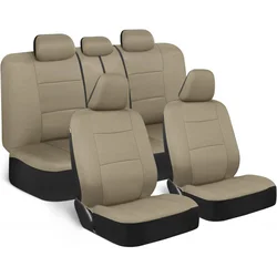 Seat Covers Full Set in Solid Beige – Front and Rear Split Bench Seat , Easy to Install for Auto Trucks Van SUV Car