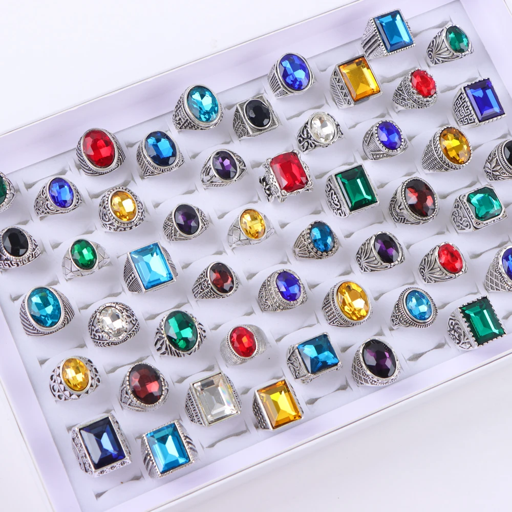 10/20/30/50 قطعة/الوحدة موضة الشرير ريترو حلية الزجاج حجر لامعة خواتم للنساء الرجال الهندسة منحوتة مزيج نمط مجوهرات هدايا الحفلات #2