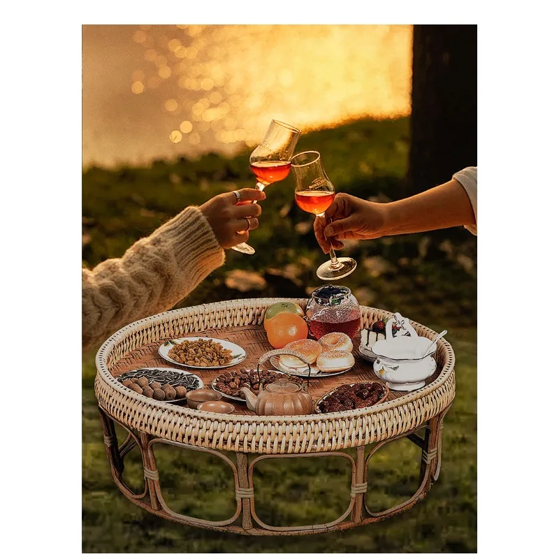 Rattan Coffee Table for Living Room Balcony Patio, Japanese Tatami Tea Table Round Side Table for Picnic and Garden