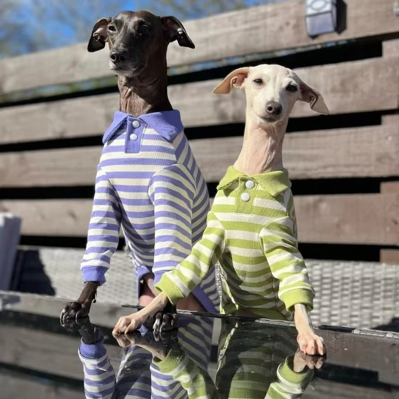 Striped Dog Polo Shirt Stretch Long‑Sleeve Dog Clothes Lapel Collar Puppy T‑Shirt Soft Breathable Greyhound Whippet Dogs Apparel