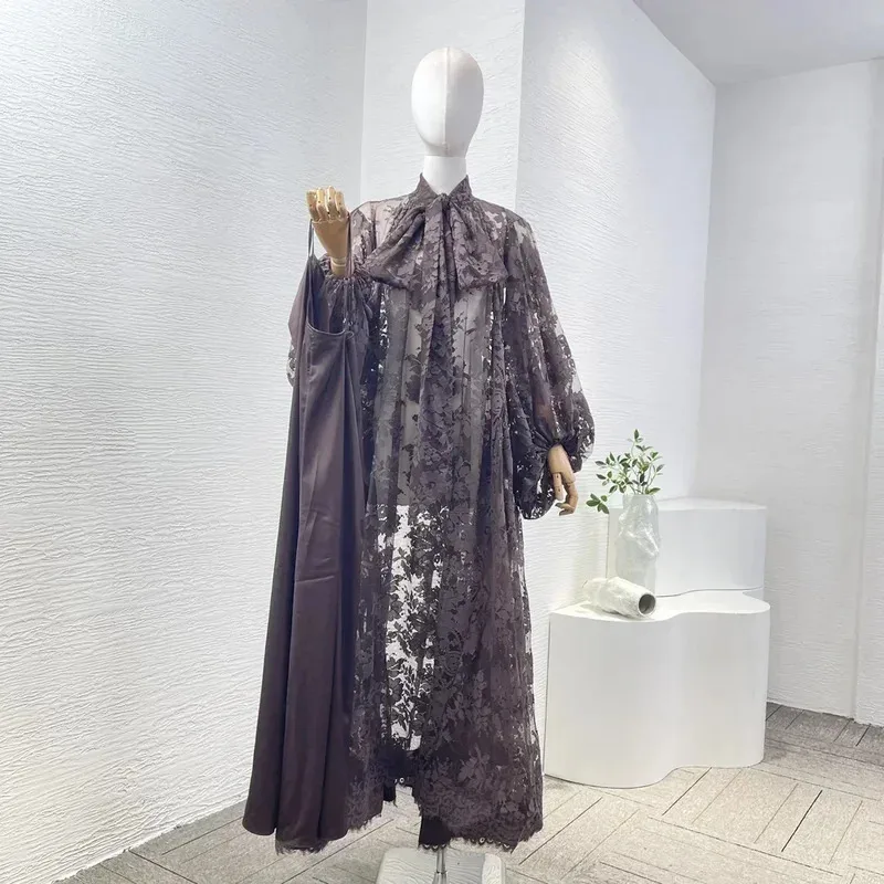 Vestido elegante feminino 2024 wnew alta qualidade marrom/bege manga longa auto laço no pescoço rendas retalhos maxi vestidos para férias