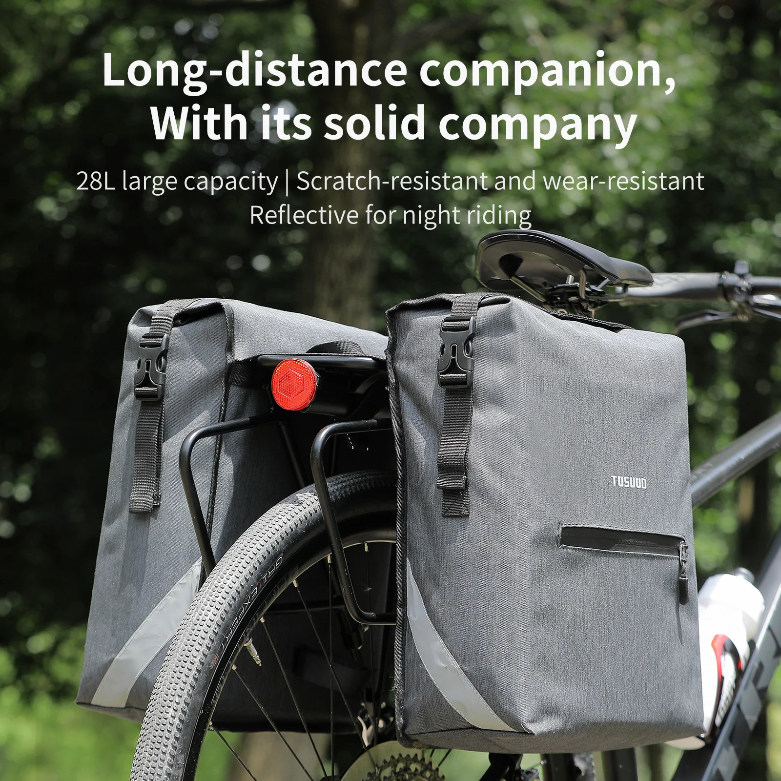 

TOSUOD 28L Bicycle Pannier Bags Waterproof Grey Bike Saddlebag with Reflective Strip & Zipper Pocket, Easy Clean Rear Rack Pack