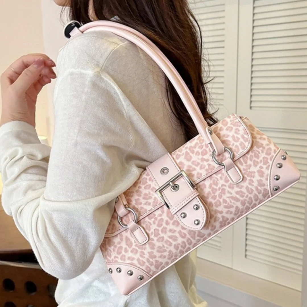 Women Y2K Leopard Print Baguette Underarm Bag Rivet PU Leather Magnetic Buckle Handbag Vintage Single Shoulder Bag Purse