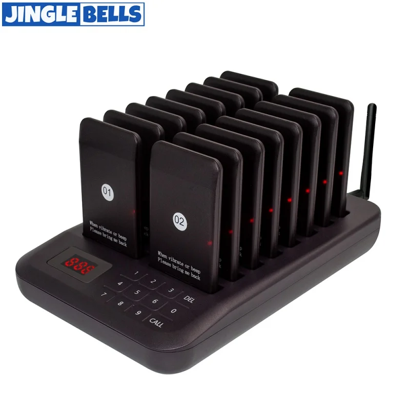 JINGLE BELLS CTP302 Restaurant Pager Calling Paging System 16 Coaster Receiver Restaurants Clinic Queue System Wireless Pagers