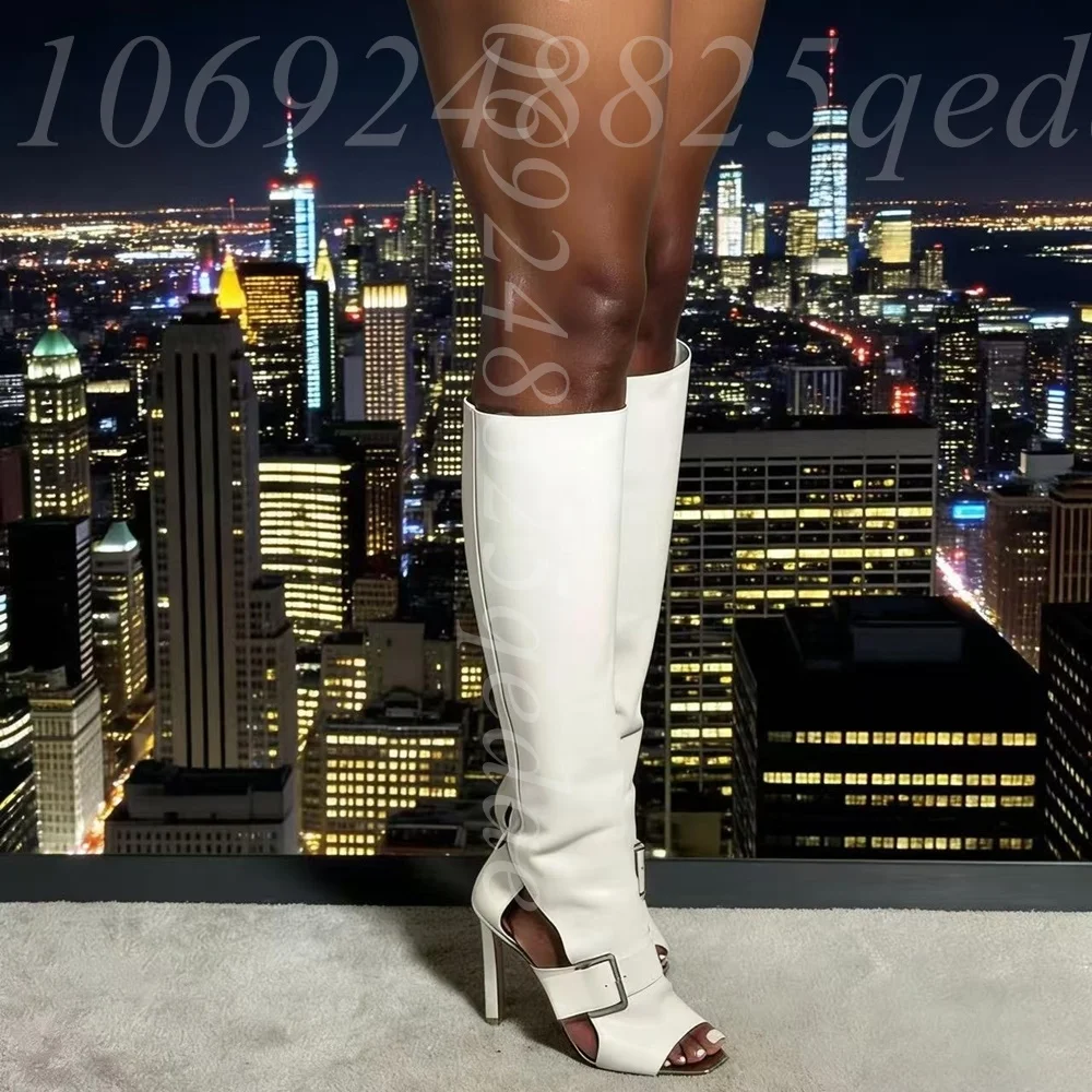 

Chic White Knee-High Peep-Toe Boots with Buckle Accent, Faux Leather, Side Cut-Outs, Back Zipper, Thin High Heels Fashion Shoes