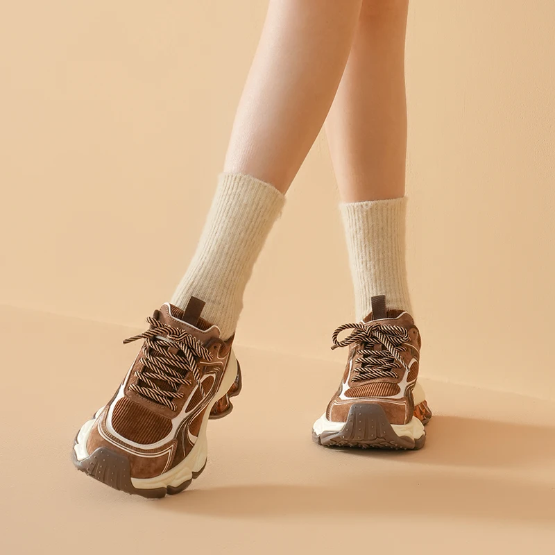 Women's Chunky Sneakers - Suede Leather, Round Toe, Double Laces