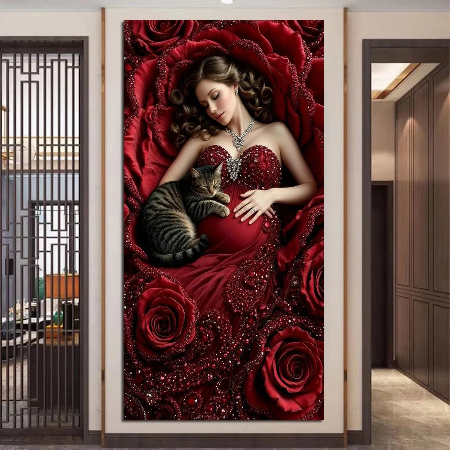 

Pregnant Woman and Cat Large Size Diy Diamond Painting Animals Rose Full Square Round Drill Mosaic Embroidery Picture Wall Decor