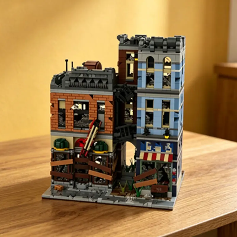 MOC2915pcs Post-Apocalyptic Ruins Small Particle Building Blocks Street Scene Architecture City Shop Model Toy Ornament