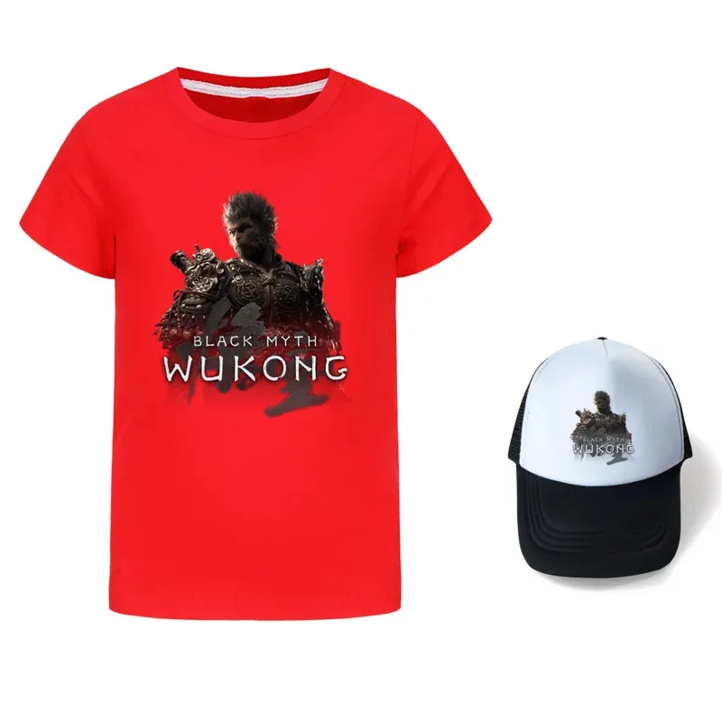 111 www Game Black Myth Wukong طباعة زي أطفال بنين وبنات على مهل تي شيرت + قبعة موضة عيد ميلاد مهرجان هدية لـ Ch #4