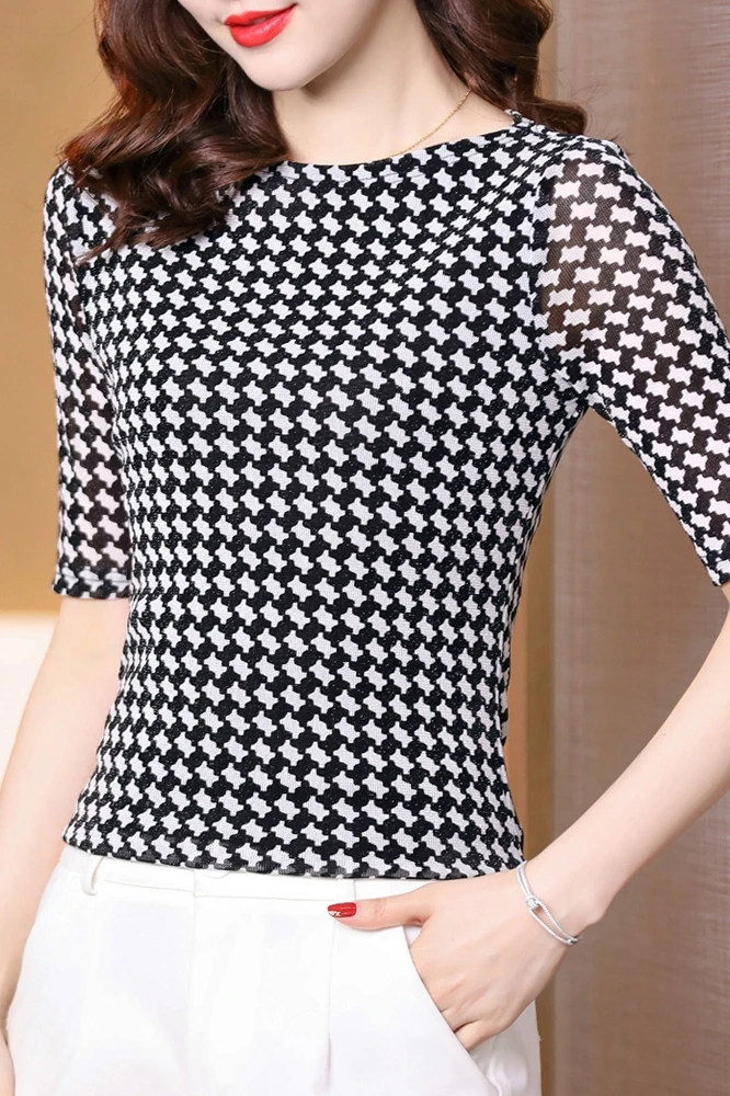 New Arrival Female Slash Collar Slim Plaid Mesh T Shirts Women Half Sleeve Tee T-shirt 40-70KG