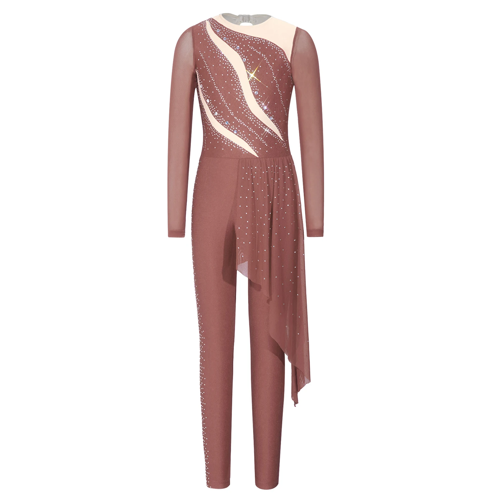 Mädchen-Kostüm für Eiskunstlauf mit Strasssteinen, glitzerndes Strass-Design, langärmeliger Overall, Tanzkleidung für lyrisches Ballett. – Detail 4