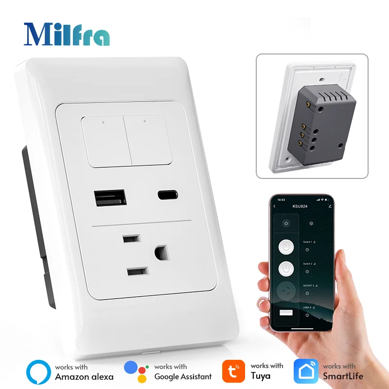Milfra Electrical Switches and Outlets Smart Switch US Wall Socket Thai USB Socket Plug with Type-C Ports,Light Switch 110V-240V