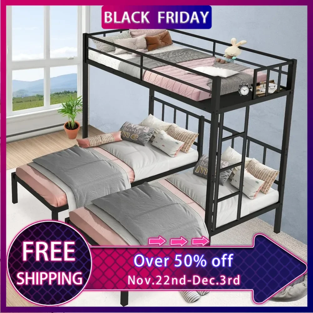 Triple Bunk Bed, Metal Twin Over Twin & Twin Bunk Beds for 3 with Guardrails, Ladder & Upper-Bed Platform,Detachable 3 Bunk Beds