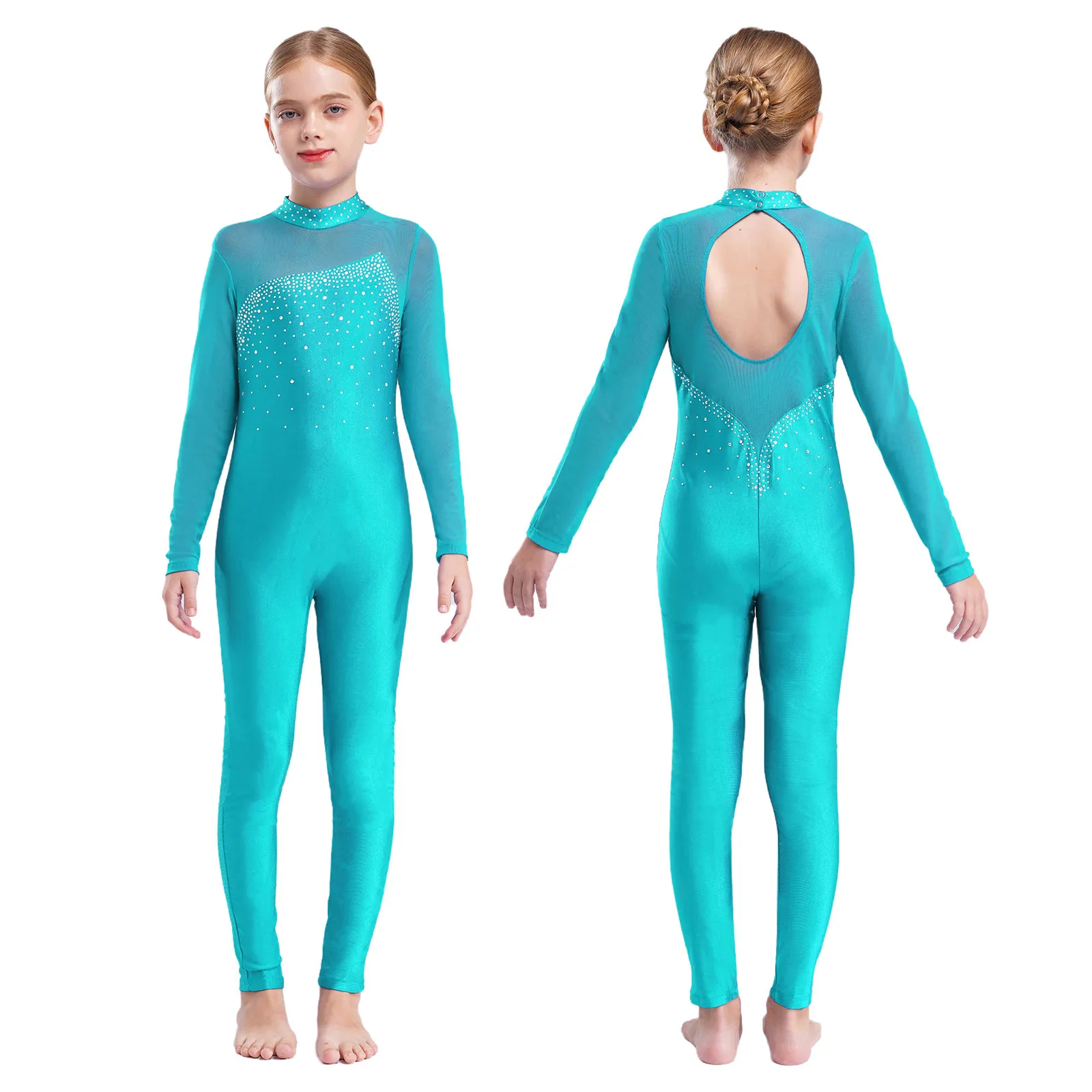 

Girls One Piece Gymnastics Athlete Ballet Training Dance Costumes Long Sleeve Rhinestone Stretchy Modern Skating Dance Jumpsuit