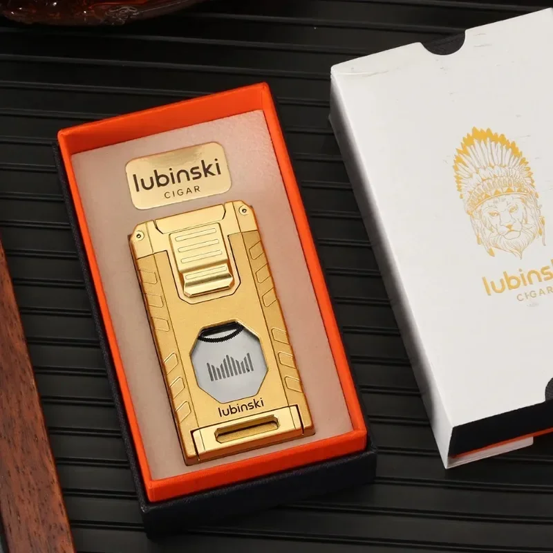 

LUBINSKI Мужские подарки! Роскошная зажигалка с турбонаддувом для сигар, 3-факельная синяя пламенная струя, уличный бутановый газ, с острыми ножницами