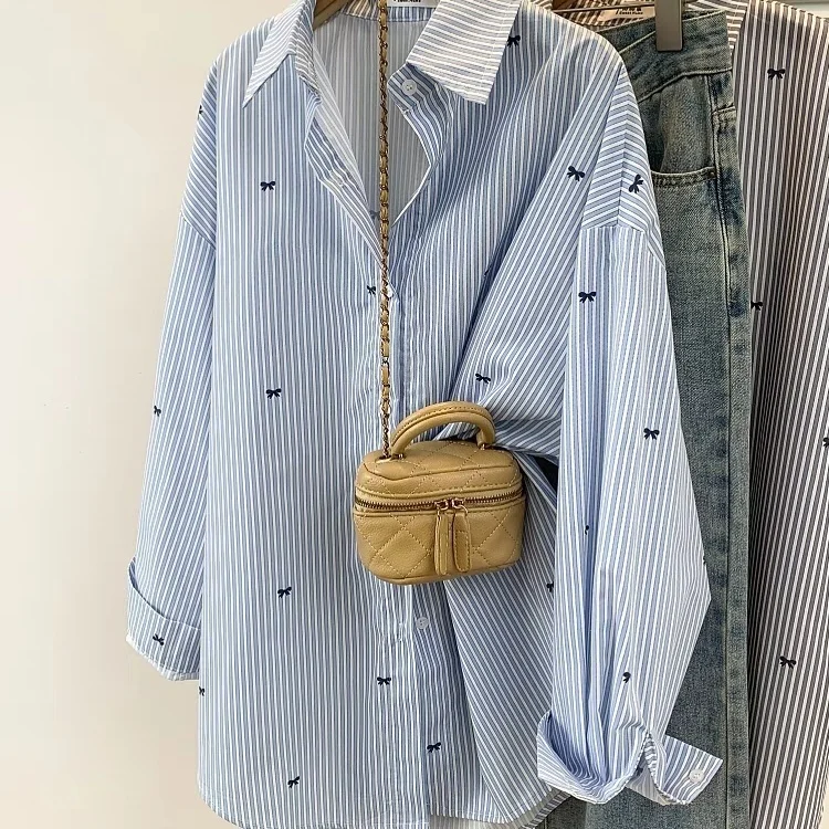 

Long Sleeve Shirts Womens Striped Ruffled Buttoned Blouses Lantern Sleeves Slim Fit Minimalist Preppy Feminine Elegant French