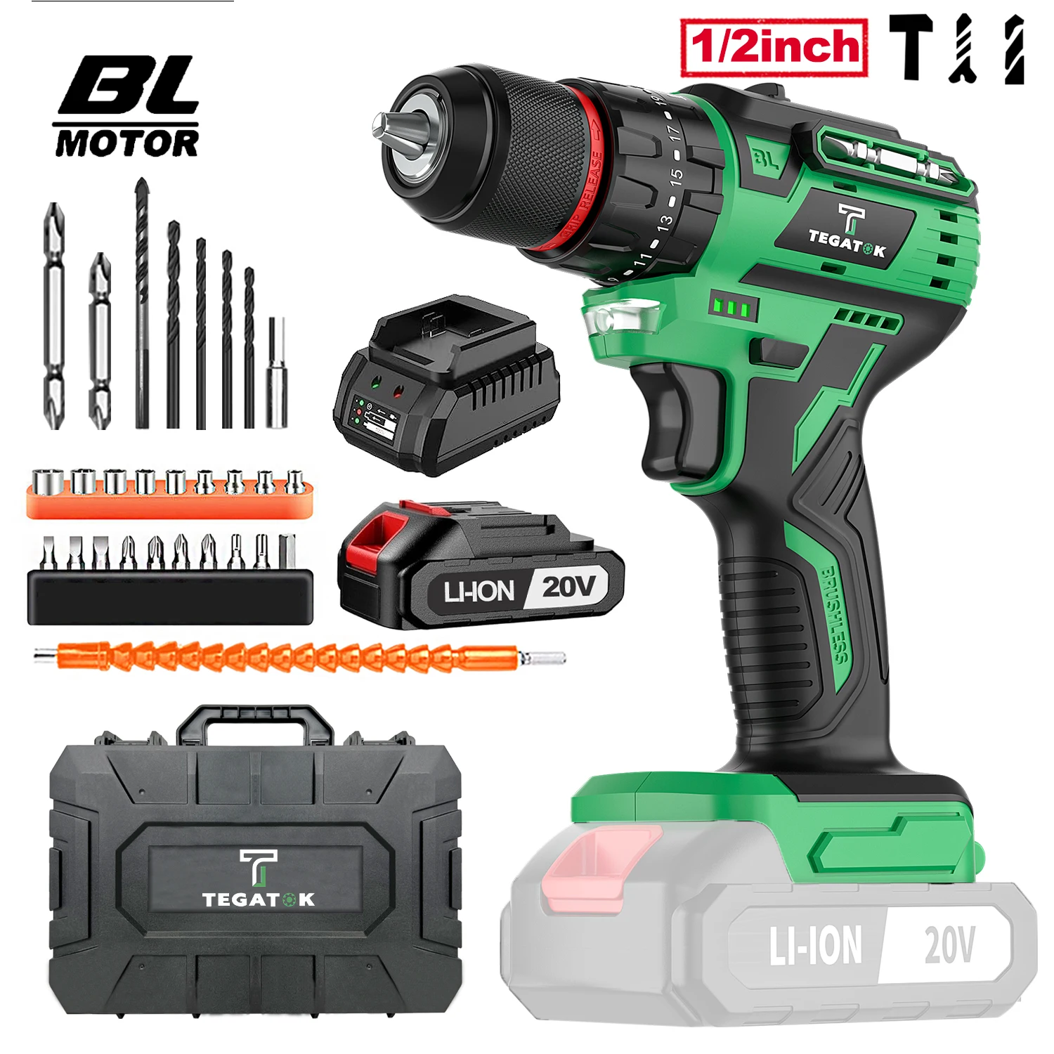 Tegatok Cordless Drill 20V Electric Power Drill Set Tool Drills Cordless Set with Battery and Charger