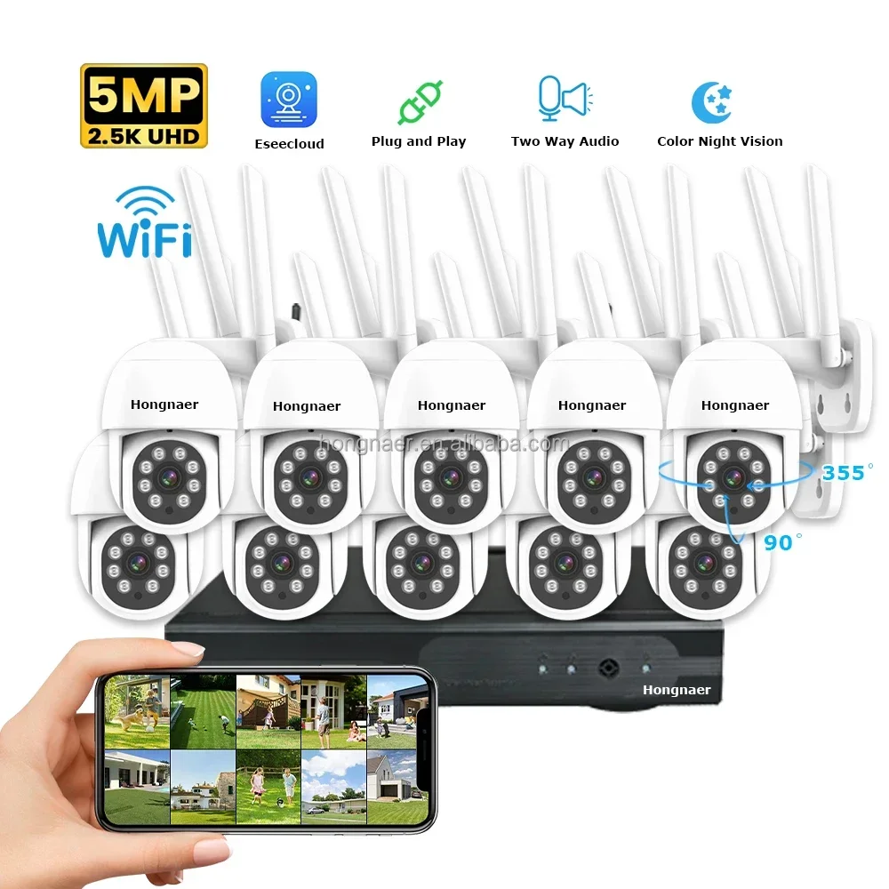 

Hongnaer 5MP 10CH Home Network Video Recorder Surveil CCTV WiFi Camera Set Kit System Eseecloud Wireless Security Camera System