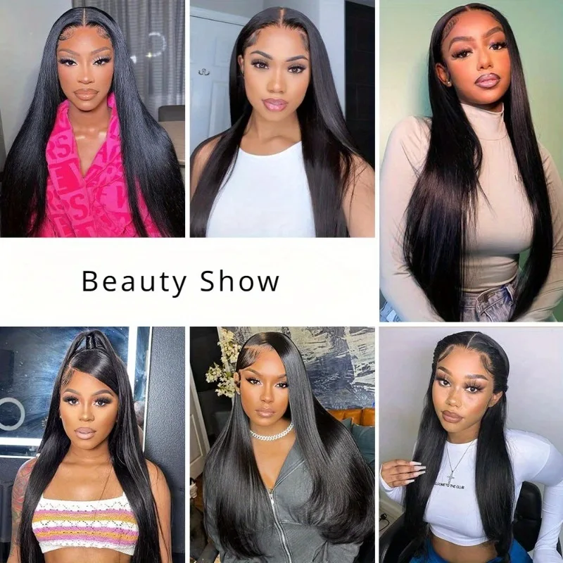 13x4 스트레이트 레이스 프론트 가발 인모 36인치 250% 밀도 HD 투명 프리 플러킹 글루리스 가발 내추럴 블랙 컬러