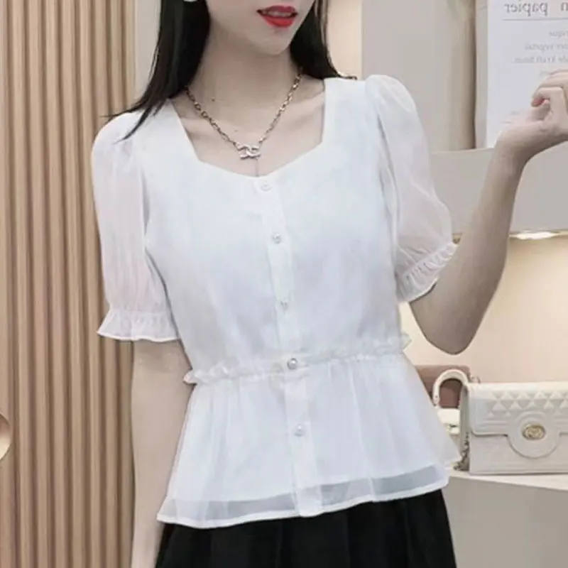 Casual Square Collar Blouse Chic Pearl Single-breasted Sweet Female Clothing Solid Color All-match Summer Spliced Chiffon Shirt