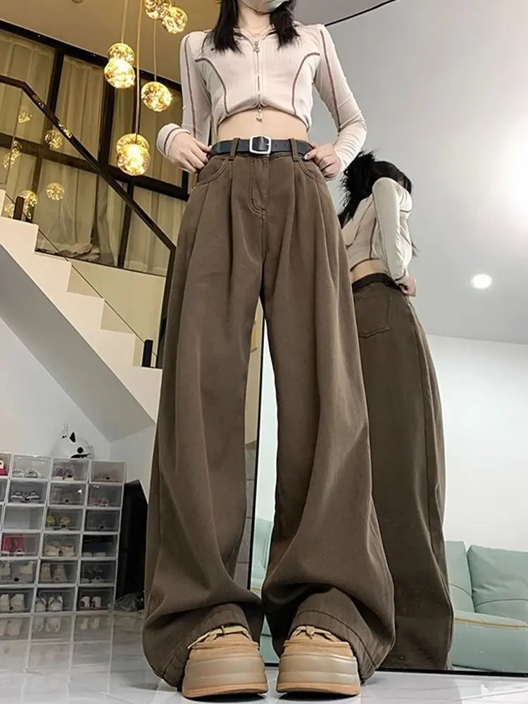 Brown High-Waisted Denim Wide-Leg Pants For Autumn New Style Straight-Leg Loose-Fitting Floor-Length Mopping Pants Women