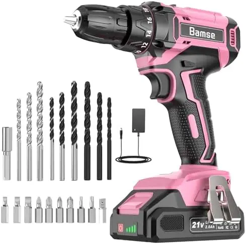 

21V Pink Cordless Drill Set for Women – 2.0Ah, 20 Pc Bits, Belt Hook, DIY Power Tool