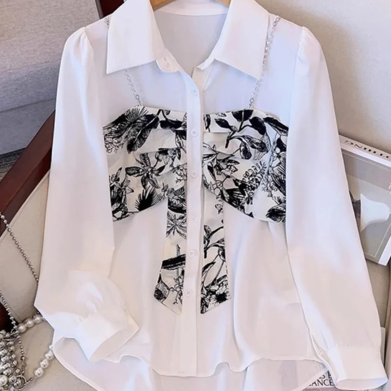 Early Autumn Loose Large Size New Fashion Versatile Thin Fake Two Piece Shirt Feeling Concealing Meat Temperament Showin Shirt