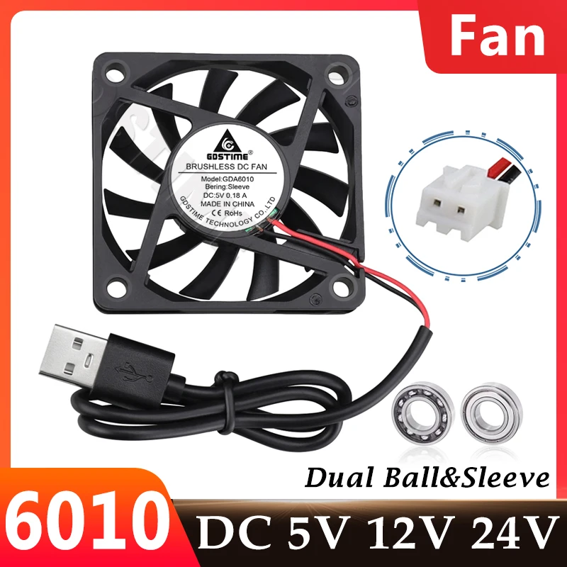 

Gdstime 6010 60 мм Вентилятор для ПК DC 5 В 12 В 24 В Кулер для процессора USB 60x60x10 мм Вентилятор охлаждения с двумя шарикоподшипниками 3PIN Вентилятор охлаждения 3D-принтера Aptop