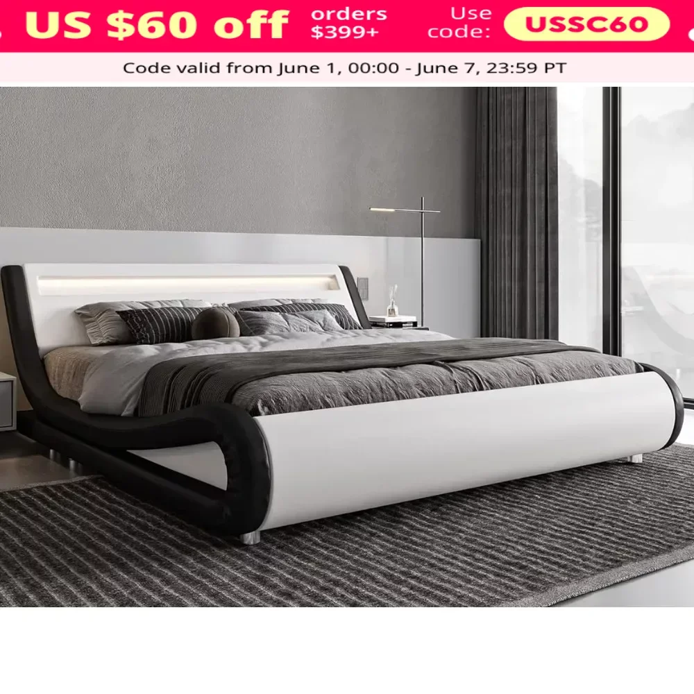 

LED platform bed frame with adjustable headboard, no need for a spring box, easy to assemble, white and black leatherette