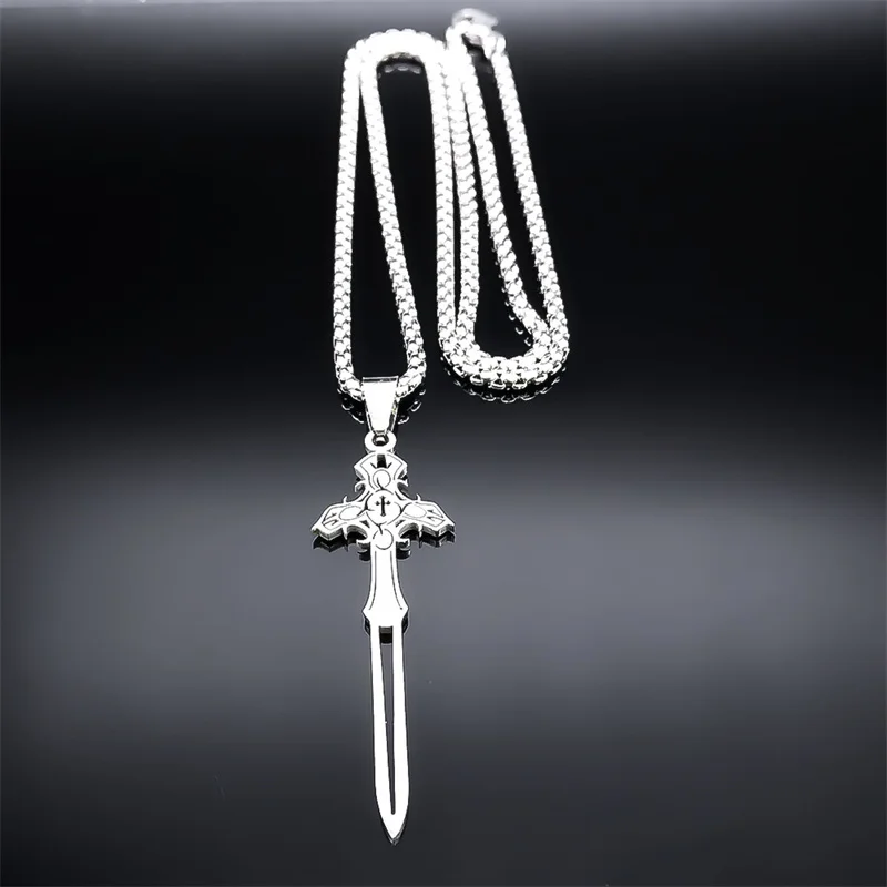 Cross Sword Pendant Necklaces for Men Women Stainless Steel Silver Color Gothic Necklace Jewelry collier acier inoxydable femme