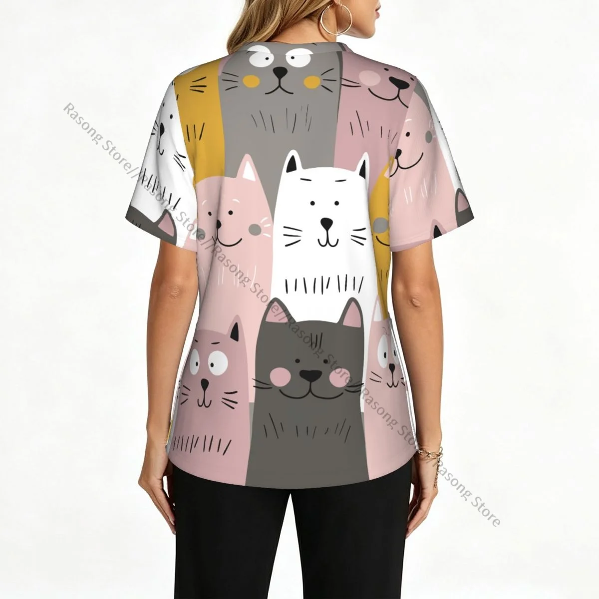 Women V Neck Scrub Top Cute Kitten Scandy Cats Short Sleeve Nurse Hospital Uniforms Female Spa Beauty Salon Working Clothes