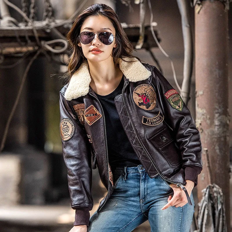 2024 New Women\'s Embroidery Insignia Head Layer Cowhide Leather Jacekt Paratroopers Air Force G1 Pilot Wool Collar Female Jacket