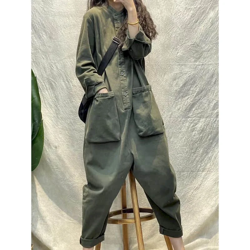 Jednolite kombinezony dla kobiet z długim rękawem z okrągłym dekoltem w stylu Harajuku proste spodnie na co dzień odzież robocza w stylu koreańskim w stylu Vintage