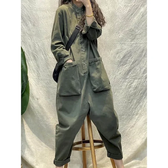 Jednolite kombinezony dla kobiet z długim rękawem z okrągłym dekoltem w stylu Harajuku proste spodnie na co dzień odzież robocza w stylu koreańskim w stylu Vintage