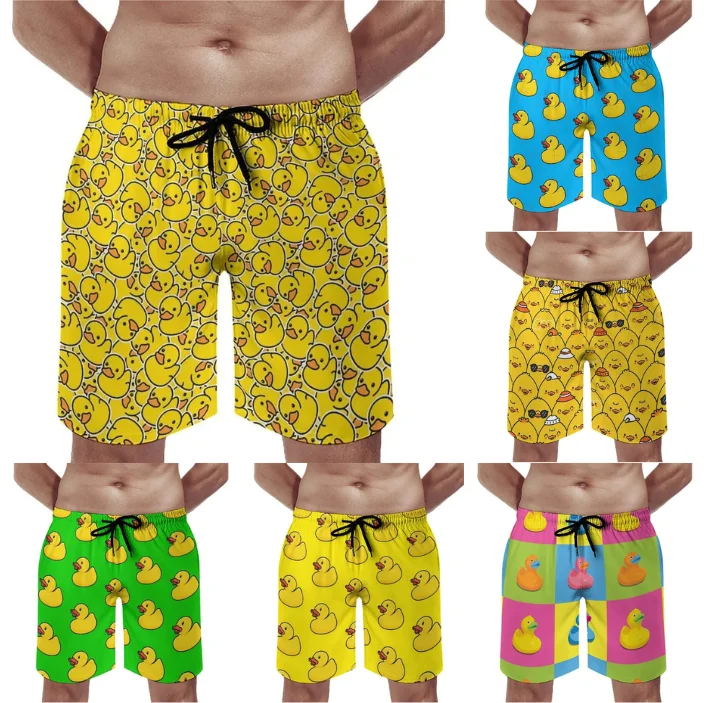 New Cute Yellow Duck Graphic Beach Shorts for Men 3D Funny Animal Print Sports Gym Swim Trunks Swimsuit Fashion Cool Short Pants