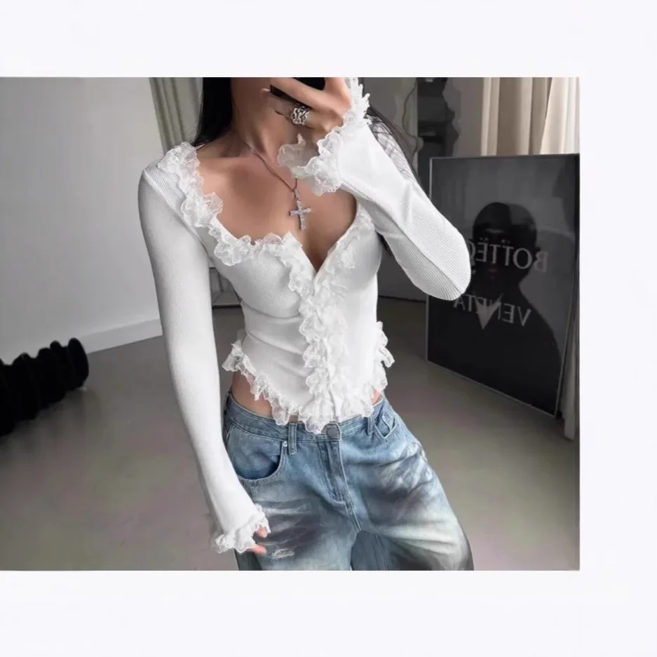 Knitted Top Women Pullover Knitting T Shirt Slim Sexy Lace Ruffles Jumper Tops Autumn Winter 2025 Casual Office Lady Knitwear - Image 2