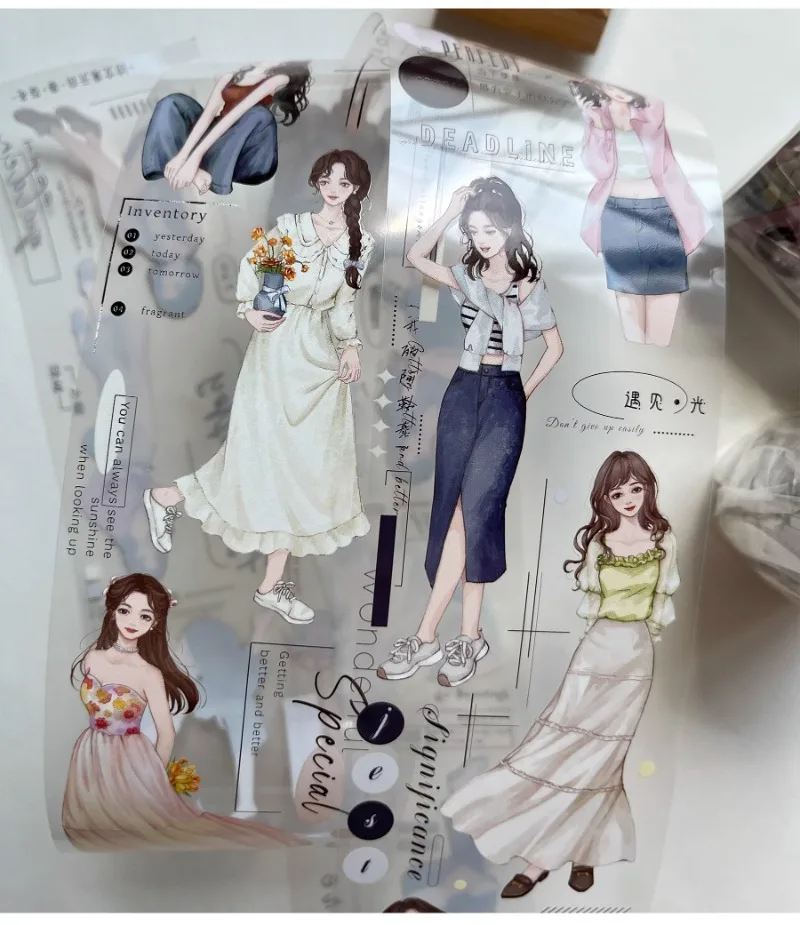 Lovely Spring Summer Fashion Girl Die Cut PET Washi Tape Craft Supplies DIY Scrapbooking Card Making Decorative Plan Sticker