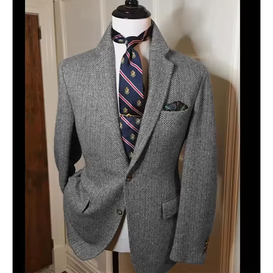 เสื้อเบลเซอร์ผู้ชาย ลายก้างปลา กระดุมแถวเดียว สไตล์ลำลอง ทรงเข้ารูป สวมใส่สบาย ปกเสื้อแบบปกเชิ้ต เสื้อคลุม กางเกง ระบายอากาศได้ดี เหมาะสำหรับธุรกิจ ขายดี