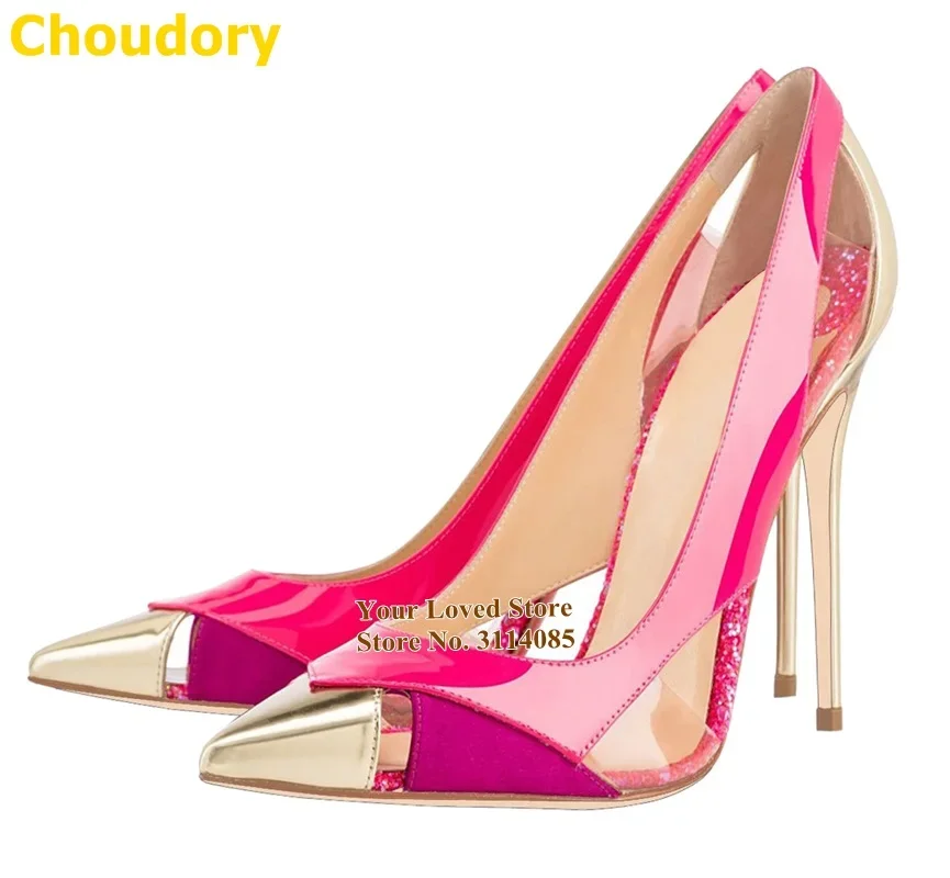 

Ladies Brand Clear PVC Color Patchwork Wedding Shoes 12cm Stiletto Heels Sequined Pointed Toe Dress Pumps Cut-out Shoes Size45