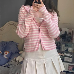 Spring 2023 Pink Cardigans Women Striped Knitted Tops Long Sleeve Zipper Thin Stretchy Hooded Sweater Harajuku Kawaii Clothes