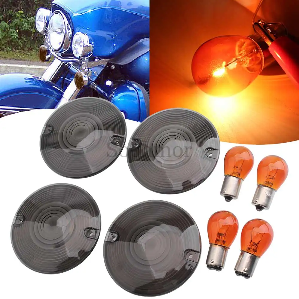 Motorcycle Accessories 4 Pcs Turn Signal Lights Lens Cover Amber Bulbs Plastic Smoke Fit For Harley Touring Models 1986-2014