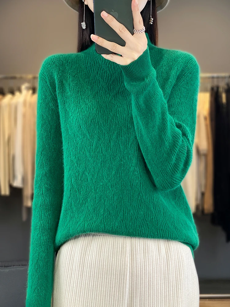 2023 New Women Sweater Autumn Winter Mock Neck Long Sleeve Pullover 100% Merino Wool Twist Basic Cashmere Knitted Female Clothes